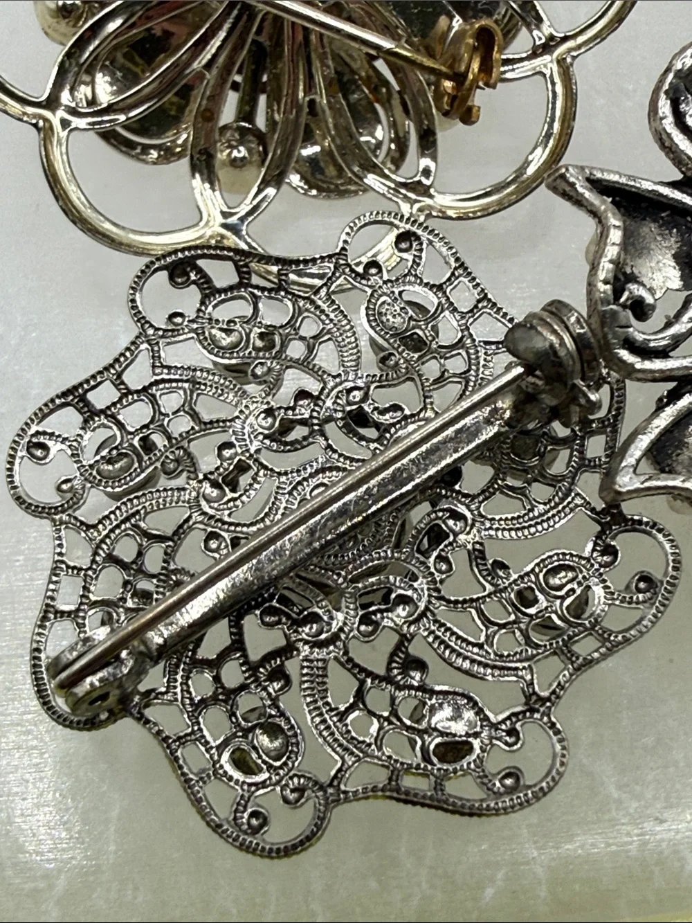 Vintage 3 brooches silvertone open work rhinestone faux pearl moonglow set